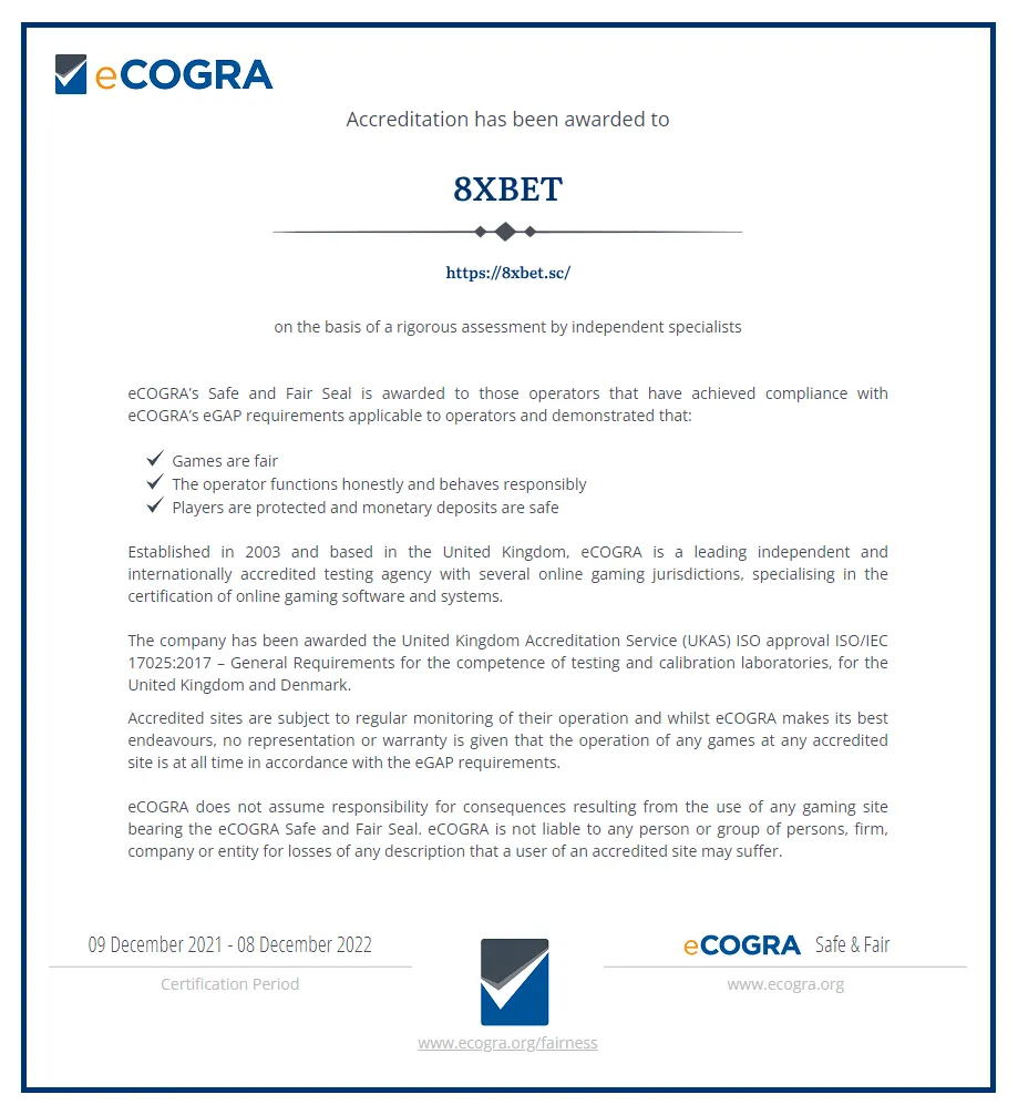 8Xbet eCOGRA Certificate